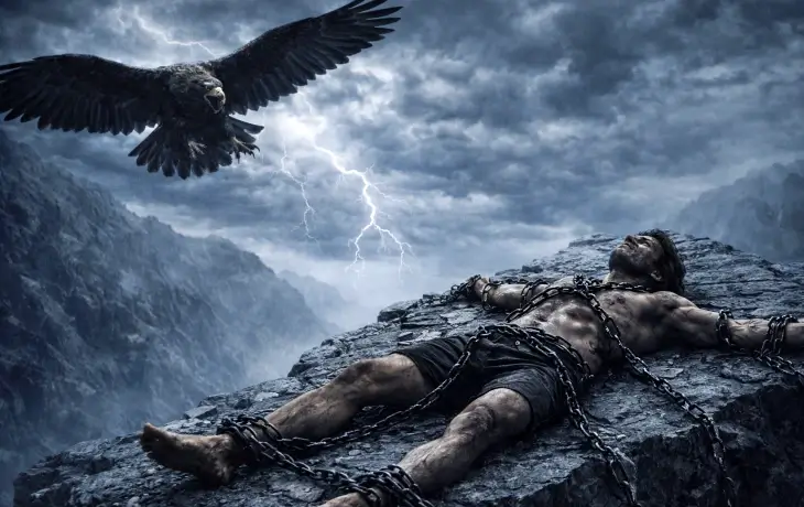 mitolojide Prometheus’un kayaya zincirlenip kartal tarafından cezalandırıldığı sahne